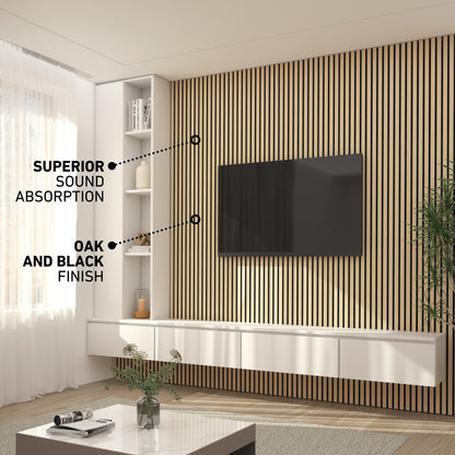 Modern living room featuring Artika’s Sonolok sound-absorbing wall panel kit in an oak and black finish, with a mounted TV, white floating shelves and cabinet, a large window with sheer curtains, and labeled Superior Sound Absorption.