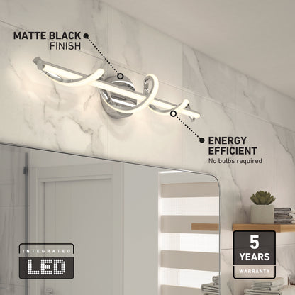 The Artika Coda modern LED bathroom vanity light 5 CCT in matte black, mounted above a mirror on a marble wall, is energy efficient with integrated LEDs, no bulbs required, and comes with a 5-year warranty.