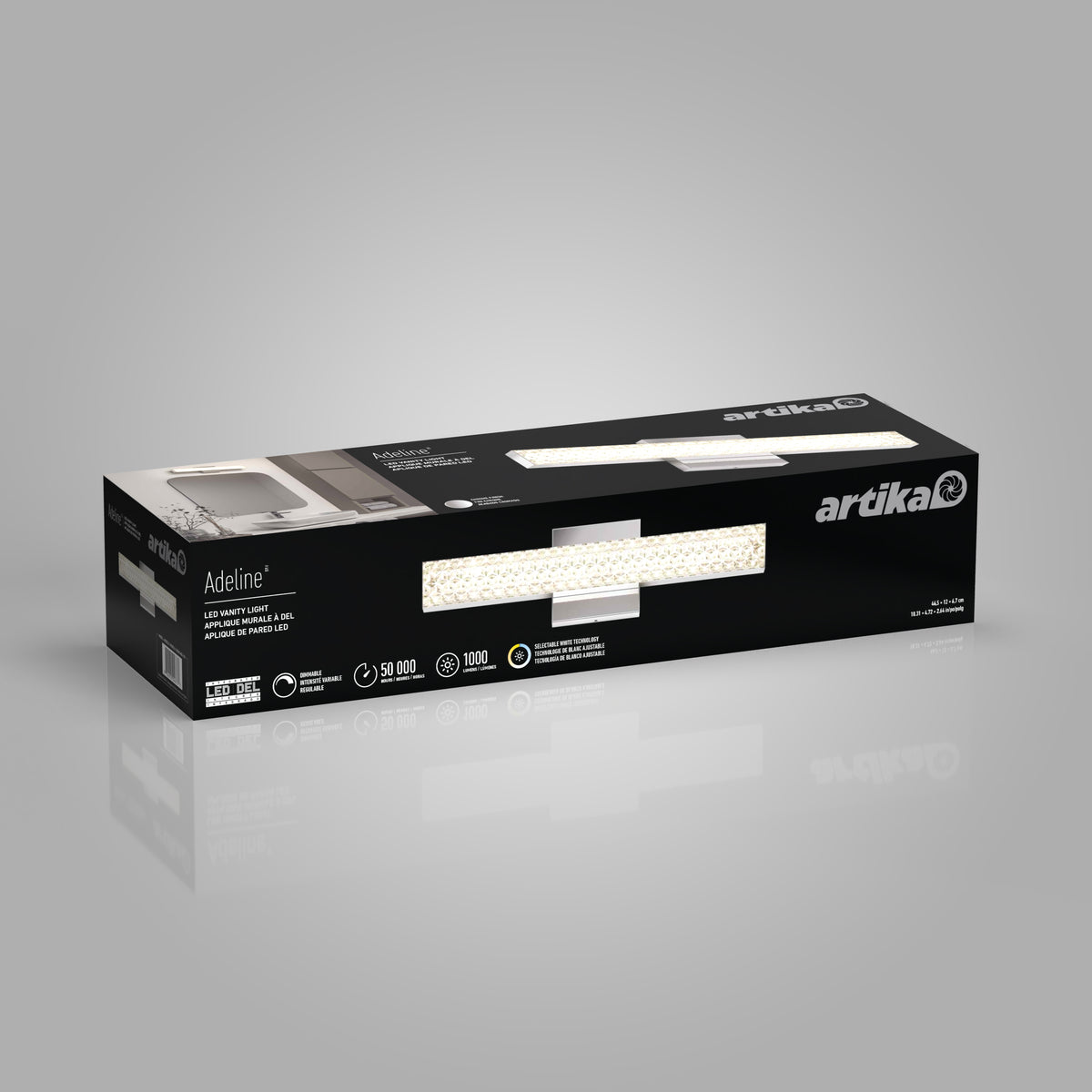 Black rectangular Artika box featuring the Adeline modern LED bathroom vanity light 3 CCT for adjustable lighting.