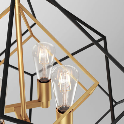Close-up of the Artika Harmonium modern mid-century pendant light, showcasing exposed Edison-style bulbs in gold sockets, framed by intersecting black and gold metal lines against a light gray background.