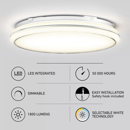 A round LED ceiling light fixture is shown above icons highlighting its features: LED integrated, 50,000 hours lifespan, dimmable, 1800 lumens, easy installation with safety hook, and selectable white technology.