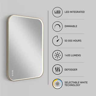 The Artika Royce Dimmable LED Mirror offers 3 CCT, adjustable brightness, defogger, 50,000-hour lifespan, and 1400 lumens. Three touch buttons provide easy control. Can be mounted horizontally or vertically for versatility on any gray wall.