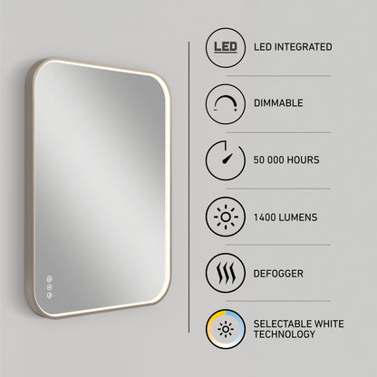 The Artika Royce Dimmable LED Mirror features selectable white technology (3 CCT), adjustable brightness, a built-in defogger, 50,000-hour lifespan, 1400 lumens, rounded corners, and can be mounted horizontally or vertically—each with its own icon.
