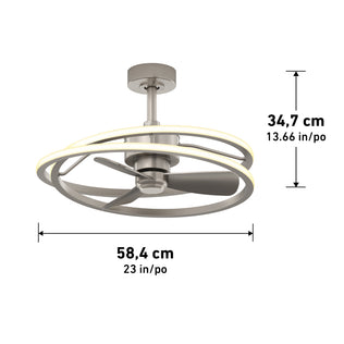 Artika Coda 23 in. LED modern ceiling fan with remote, tunable color temp, measures 58.4x34.7 cm with labeled dimensions.