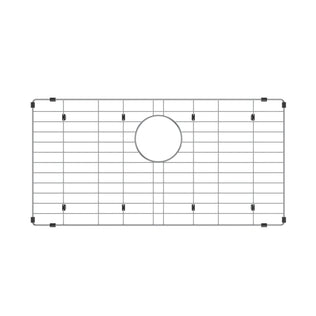 The Artika Newport 33 in. single bowl stainless steel workstation sink includes a rectangular grid with a center circular cutout and black protective feet, designed for reliable support with evenly spaced bars.
