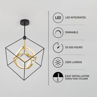 The Artika Luxury LED pendant light features a gold and black geometric design, delivers 2000 lumens, is dimmable with an integrated LED (50,000-hour lifespan), and offers easy installation with a safety hook included.