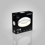 A black box with Artika branding displays an image of a round, modern LED ceiling light called Aiden. The packaging highlights energy efficiency, brightness, and product features on a plain light grey background.