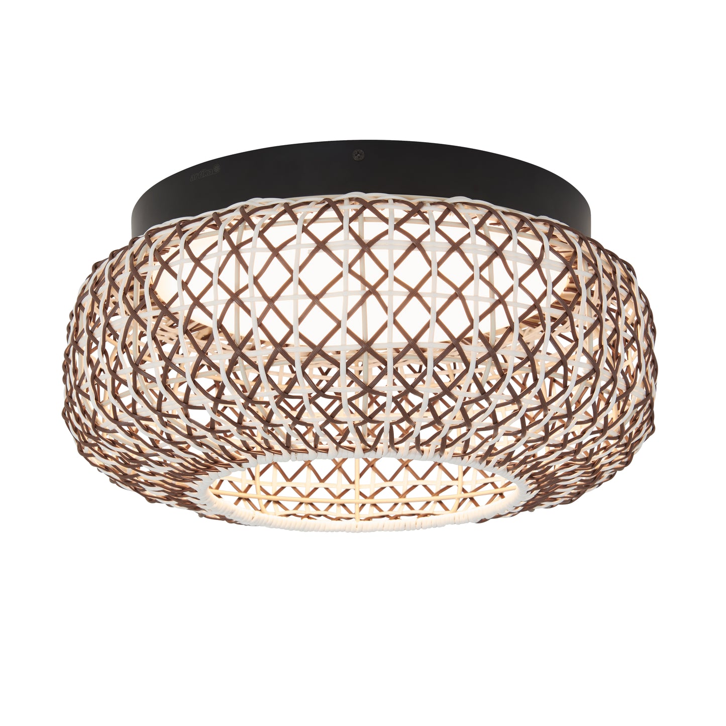 The Artika Benson 15 in. LED flush mount light features a round black base and a woven lattice-style natural shade, casting decorative patterns while offering 5 CCT options.