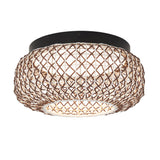A modern ceiling light fixture with a round, woven rattan shade and a black mounting base, casting a warm, diffused light through its lattice pattern.