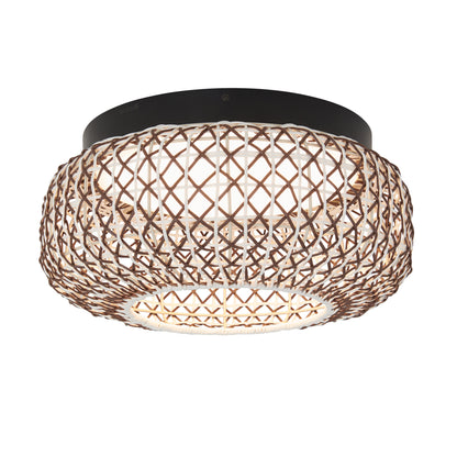 The Artika Benson 15 in. LED flush mount light features a round black base and a woven lattice-style natural shade, casting decorative patterns while offering 5 CCT options.