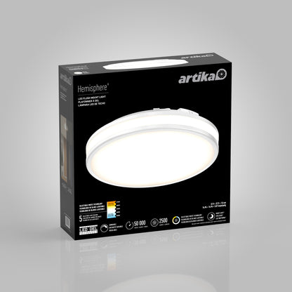 A box of the Artika Hemisphere 15 in. LED flush mount light 5 CCT, featuring a large image of the round fixture, product specs, and branding on a gray background.