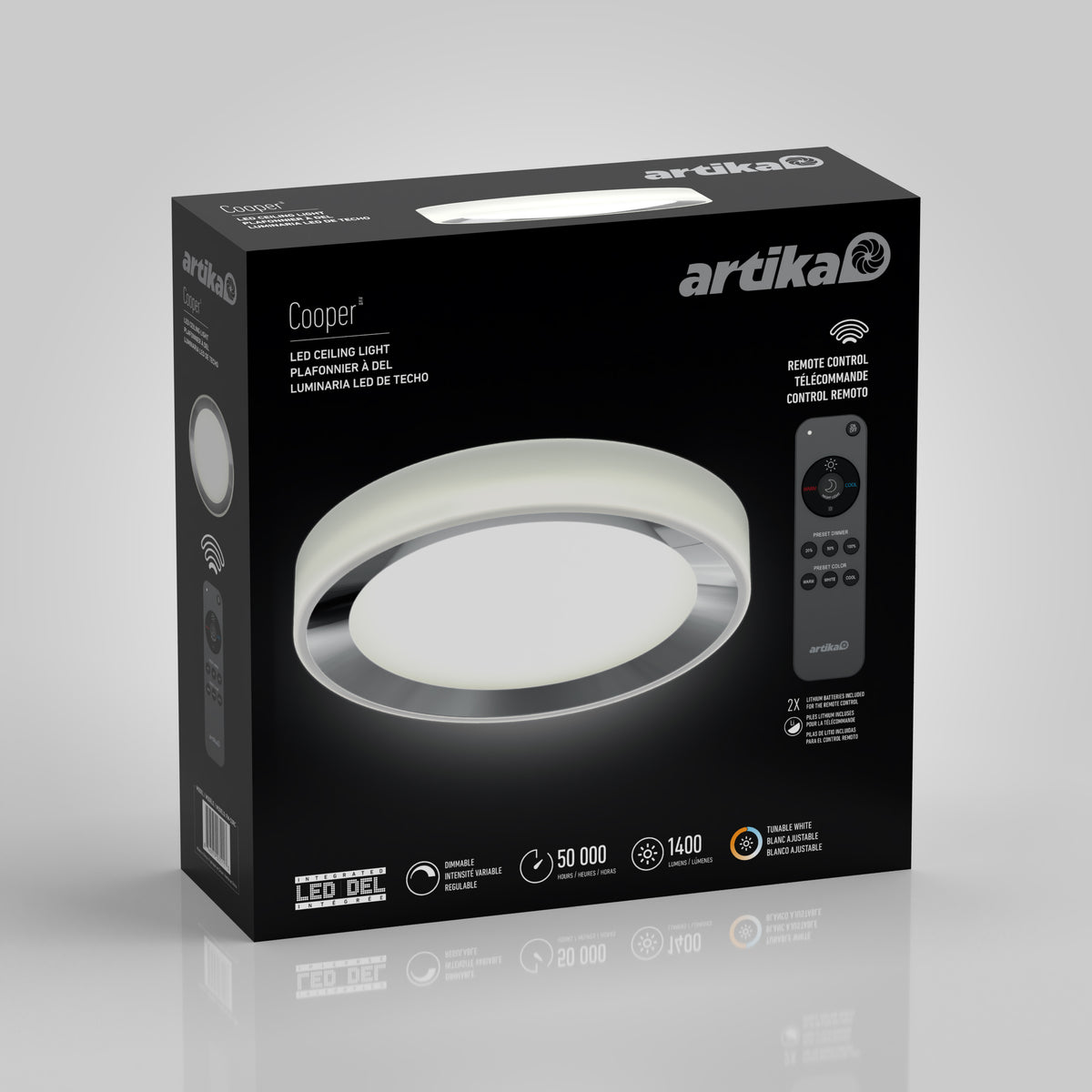 Artika Cooper LED flush mount light with remote shown in black box, features and specs displayed alongside.