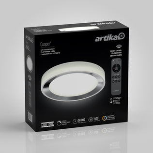 Artika Cooper LED flush mount light with remote shown in black box, features and specs displayed alongside.