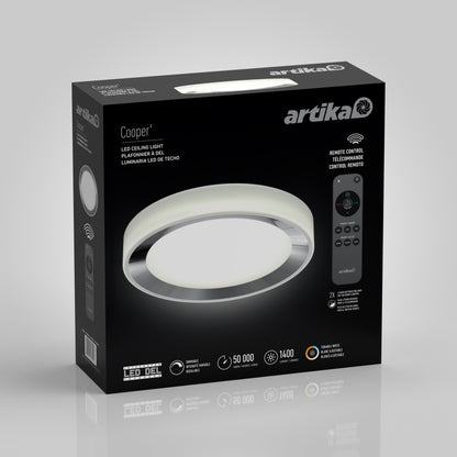 A black box for the Artika Cooper LED flush mount light with remote, showing the circular fixture, remote control, and details like 50,000-hour lifespan, 1,400 lumens brightness, and dimming capability.