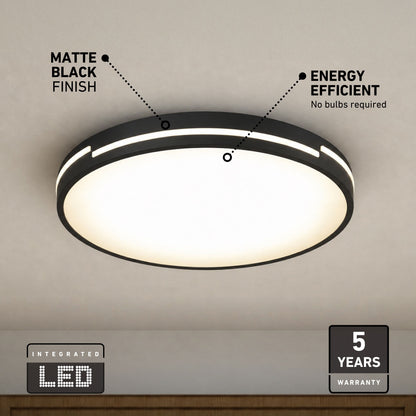Artika Delray 16″ LED Flush Mount, 5 CCT, matte black, energy efficient, 5-year warranty—sleek on any white ceiling.