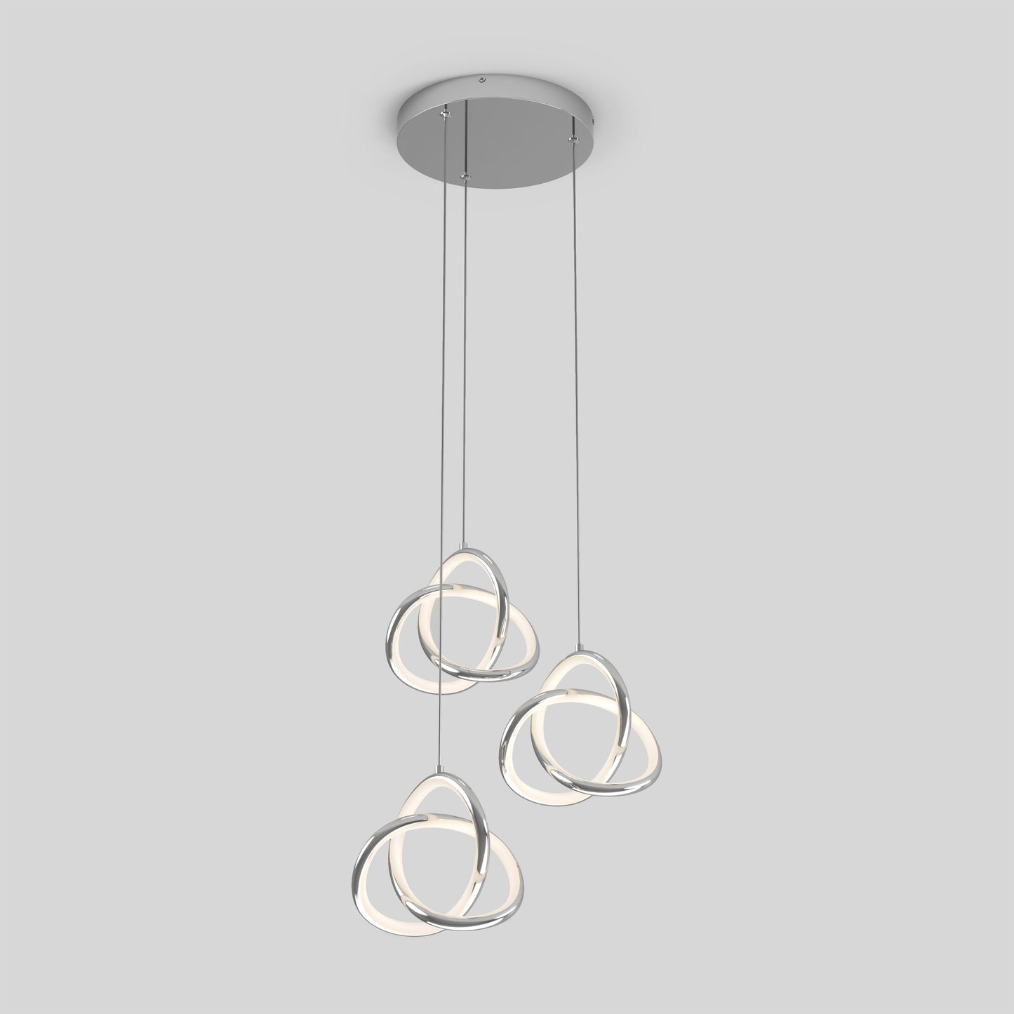 The Artika Zephyr 3-light LED pendant features three intertwined metallic loop lights with integrated LEDs, suspended from a round ceiling mount against a plain light gray background.