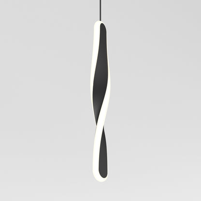 The Artika Finley modern LED pendant light 5 CCT features a black, twisted elongated design with a glowing white edge, suspended from the ceiling against a plain light gray background.