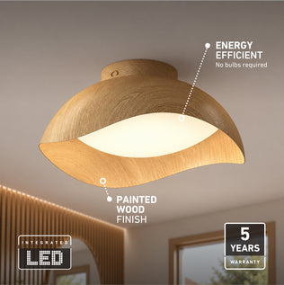 Artika Adara 15 in. Modern LED Flush Mount Ceiling Light with a wood-look, integrated dimmable design, energy efficiency labels, and 5-year warranty.