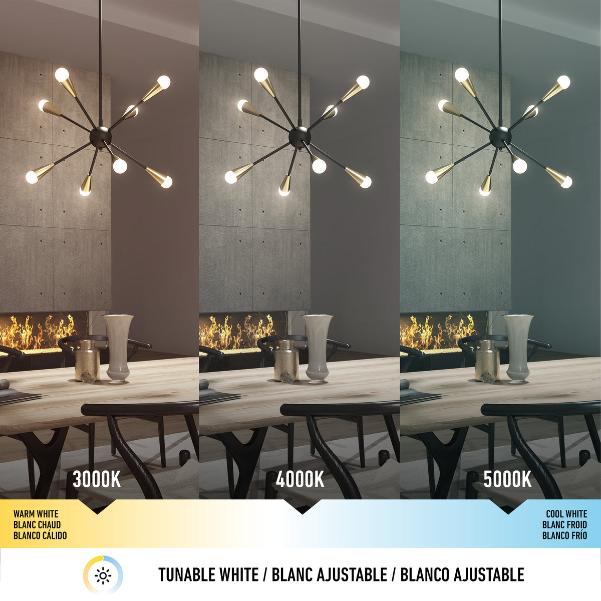 A modern dining room with a chandelier is shown under three lighting temperatures: warm white (3000K), neutral white (4000K), and cool white (5000K), each affecting the ambiance and color of the room.