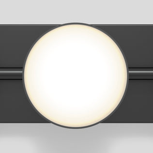 Artika Santori 27-in LED Vanity Light, matte black, glowing round white sconce on dark panel and light gray background.