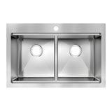 Stainless steel double-basin kitchen sink with a single faucet hole, viewed from above. Each rectangular basin has a centered drain hole and defined, angular edges.