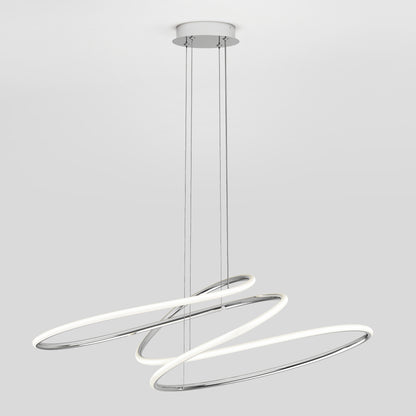 The Artika Swirl Butterfly LED contemporary pendant light features two intertwined oval rings suspended by thin wires from a white round mount, offering 3 CCT options, and is shown against a plain light gray background.