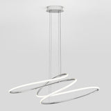 Modern ceiling light fixture with two intertwined, oval-shaped LED rings suspended by cables from a round base, set against a plain light gray background.