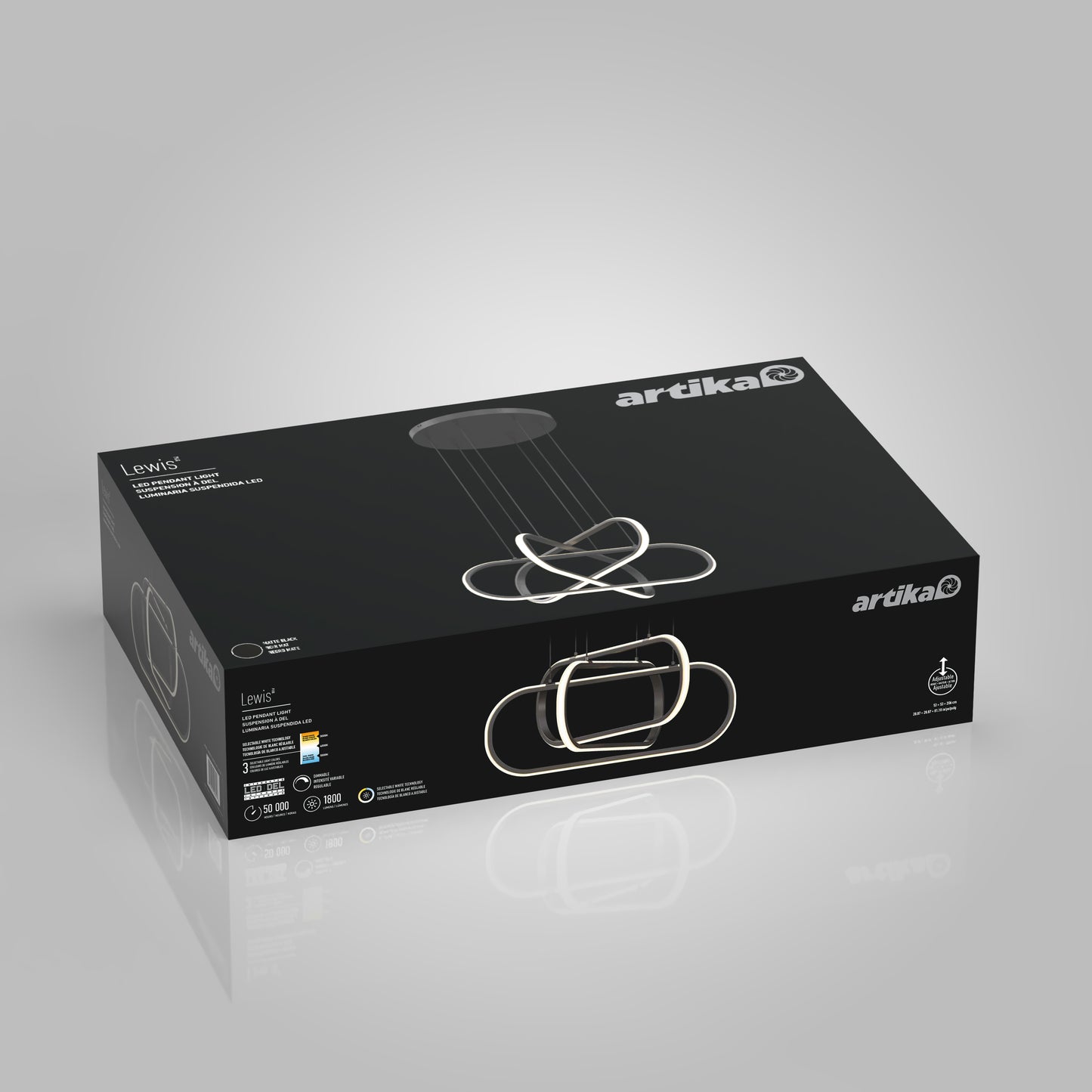 A sleek black Artika box showcases the Lewis modern LED pendant light 3 CCT, featuring interlocking geometric rings and a product image, with key product details displayed on the packaging.