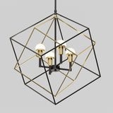 Modern geometric chandelier with black and gold square wire frames and four round white bulb lights, suspended from a ceiling against a plain light gray background.