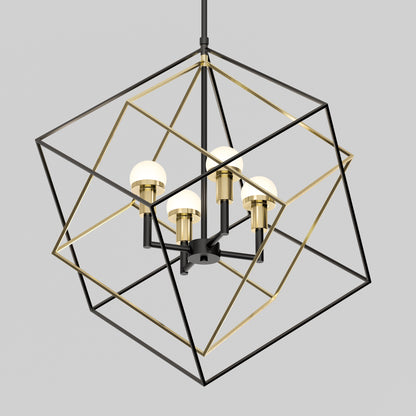 The Artika Peyton LED modern mid-century pendant light features four round bulbs within two intersecting metal cube frames—one black, one gold—suspended from the ceiling against a plain gray background.