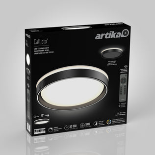 Retail packaging of the Artika Callisto 15 in. LED flush mount light 5 CCT highlights its circular design, remote control, up to 50,000-hour lifespan, adjustable color temperature, and wall mount compatibility.
