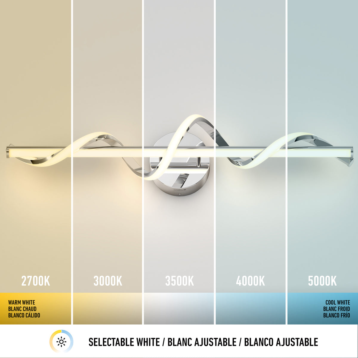 A modern wall light is shown across five sections, each demonstrating a different white color temperature from warm (2700K) on the left to cool (5000K) on the right, with labels and a selectable white setting indicator below.