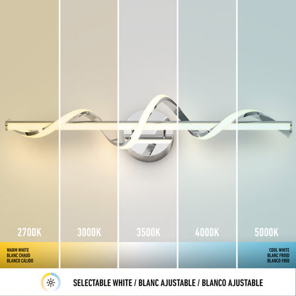 Artika’s Coda modern LED bathroom vanity light 5 CCT is wall-mounted with a wavy design, shown in five color temperatures—2700K, 3000K, 3500K, 4000K, and 5000K. Icons and labels highlight its adjustable light settings.