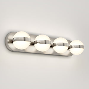 The Artika Baldric LED modern bathroom vanity light features 3 CCT, brushed accents, and four frosted glass bulbs—ideal for mirrors.