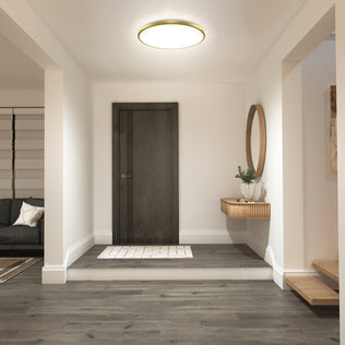 Modern hallway featuring the Artika Europa 21 in. LED modern flush mount light with remote, a dark wooden front door, gray wood floors, floating shelf with round mirror and plant, rug by the door, and a glimpse of the living room with a dark sofa.