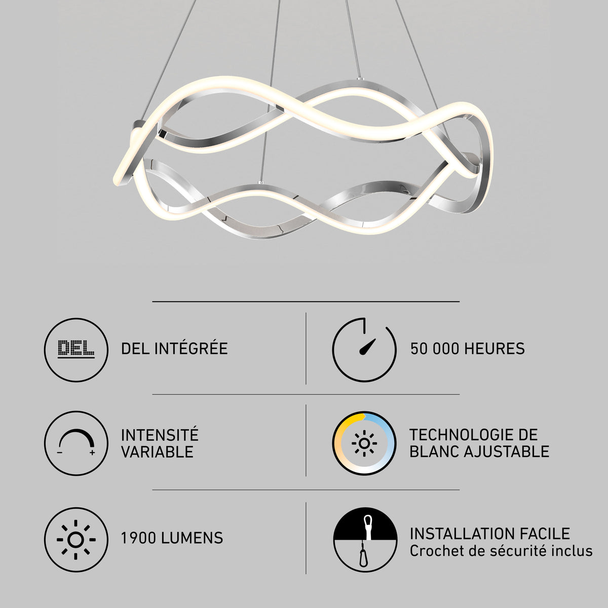 Artika Vanora LED pendant light 5 CCT: adjustable color temp, 1900 lumens, 50k-hour life; icons highlight features.