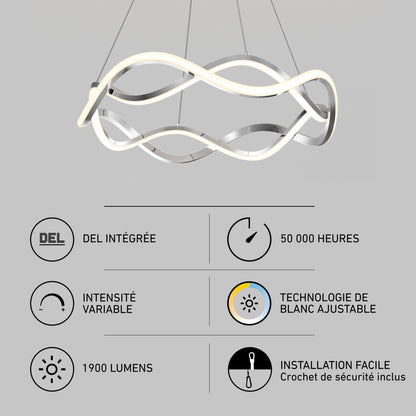 Artika Vanora LED pendant light 5 CCT: adjustable color temp, 1900 lumens, 50k-hour life; icons highlight features.
