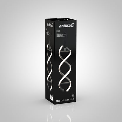 A black Artika product box showcases the modern DNA LED pendant light, featuring images of the twisted fixture against a gray background.