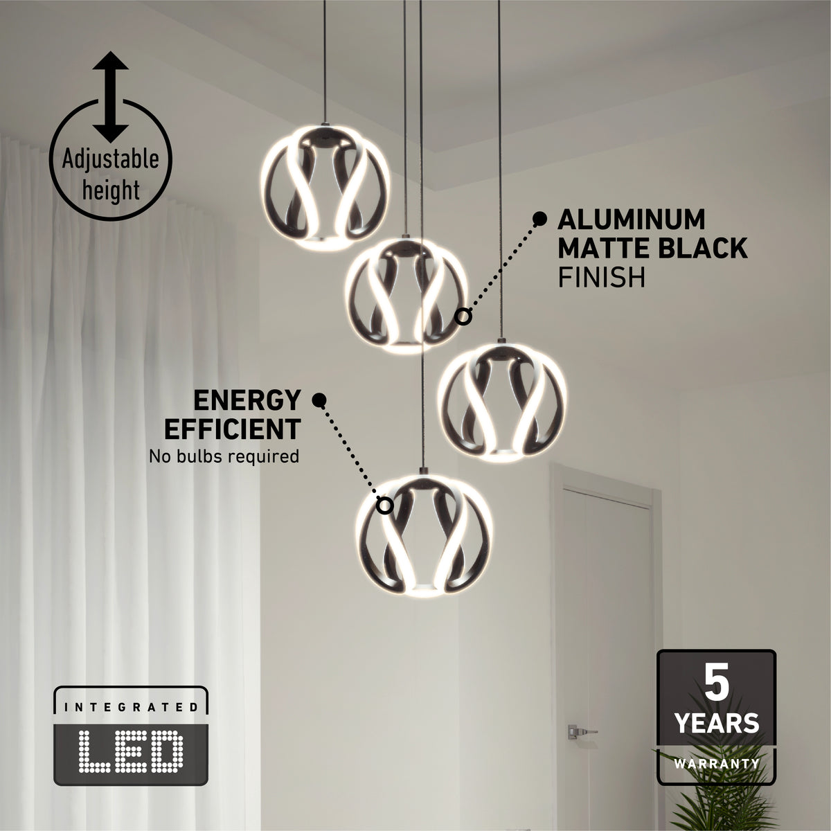 Three modern black matte pendant lights with integrated LED rings hang in a minimalist room with white curtains. Labels highlight adjustable height, energy efficiency, and a 5-year warranty.