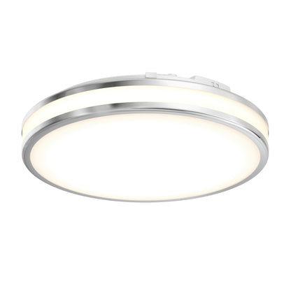 The Artika Hemisphere 15 in. LED flush mount light 5 CCT features adjustable brightness, a silver metallic rim, and a soft white diffuser, shown at an angle against a plain white background.