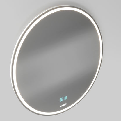 The Artika Mateo 28 in. LED mirror features a round, wall-mounted design with touch controls for 3 CCT lighting and a built-in defogger, shown against a plain light gray background.
