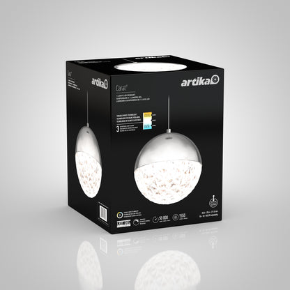 Black product box for the Artika Carat LED pendant light 3 CCT, showing an image of the spherical fixture with a textured interior. White text highlights product details and specifications.