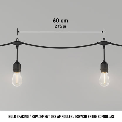Artika Blaze 20 LED Outdoor Solar String Lights feature weather-resistant bulbs spaced 60 cm (2 ft) apart. “Bulb Spacing” is labeled in English, French, and Spanish—ideal for your outdoor solar string lights.