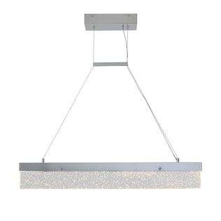 The Essence Bar LED pendant light by Artika features a sleek, minimalist metallic design with a rectangular form, textured frosted diffuser, and two thin metal suspension cables from a square ceiling mount.