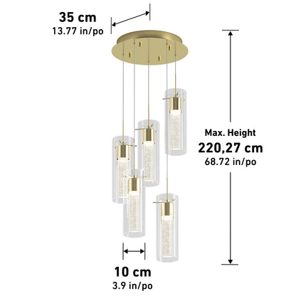 The Artika Essence 5-light LED pendant features five hanging cylindrical glass pendants on a gold circular fixture, 35 cm (13.77 in) wide; each pendant is 10 cm (3.9 in) wide with a max hanging height of 220.27 cm (68.72 in).