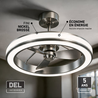 Artika Edwin 25 in. LED modern fandelier ceiling fan with an integrated ring light, brushed nickel finish, energy efficiency, and five-year warranty.