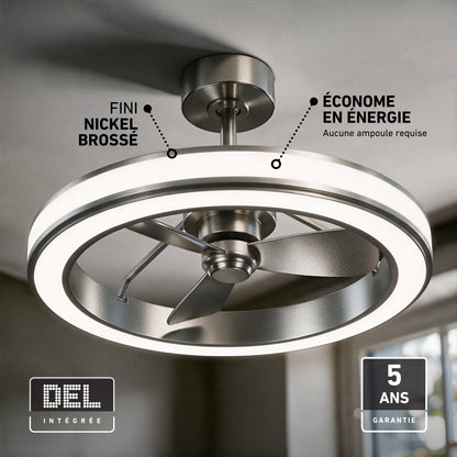 Artika Edwin 25 in. LED modern fandelier ceiling fan with an integrated ring light, brushed nickel finish, energy efficiency, and five-year warranty.