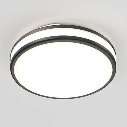 The Artika Hemisphere 15 in. LED flush mount light features a modern circular design with a black rim, a white illuminated center, and adjustable color temperature, mounted on a white ceiling.