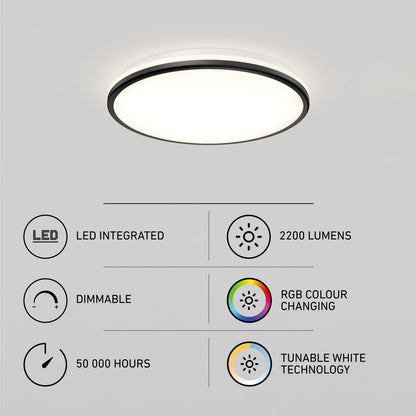 The Artika Macy 15 in. LED modern flush mount light is shown above icons and text: LED integrated, 2200 lumens, dimmable, RGB color changing, 50,000-hour lifespan, tunable white technology, and Wifi control.