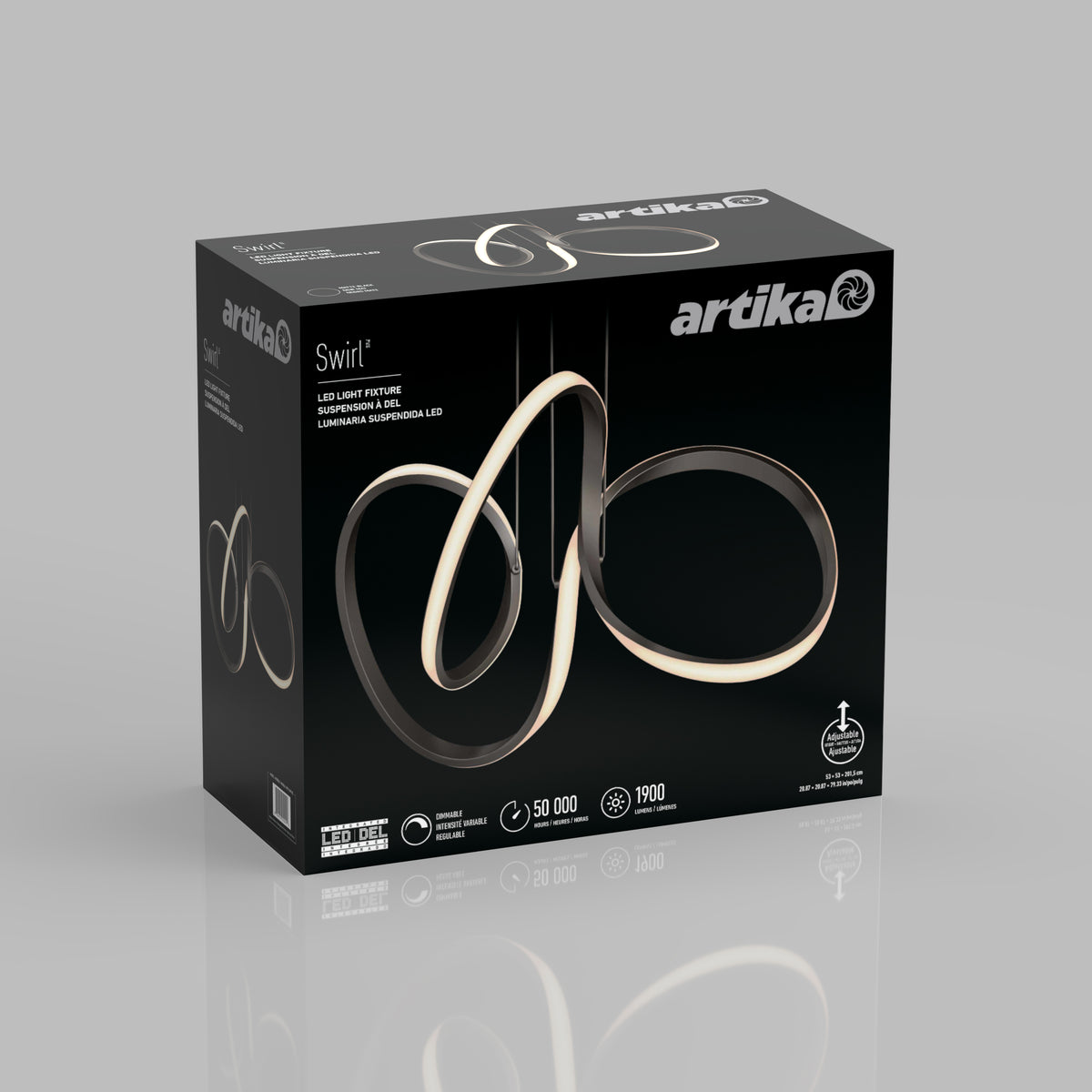 A black box for the Artika Swirl LED light fixture, featuring an image of the modern, twisting light design on the front, with product information and branding visible.